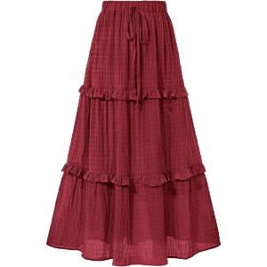 imageBTFBM Womens Long Summer Skirt 2025 Elegant High Waist Cocktail Party Wedding Guest Dress Flared ALine Midi SkirtsWine Red