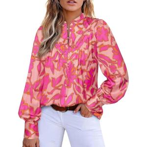 imageBTFBM Womens Tops Dressy Casual Fall 2025 Boho Floral V Neck Long Sleeve Half Button Down Shirt Work Business BlousesBig Floral Red