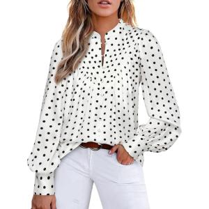 imageBTFBM Womens Tops Dressy Casual Fall 2025 Boho Floral V Neck Long Sleeve Half Button Down Shirt Work Business BlousesDot White Black