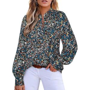 imageBTFBM Womens Tops Dressy Casual Fall 2025 Boho Floral V Neck Long Sleeve Half Button Down Shirt Work Business BlousesFloral Black Blue