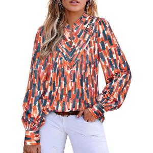 imageBTFBM Womens Tops Dressy Casual Fall 2025 Boho Floral V Neck Long Sleeve Half Button Down Shirt Work Business BlousesStriped Orange