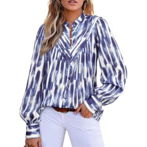 imageBTFBM Womens Tops Dressy Casual Fall 2025 Boho Floral V Neck Long Sleeve Half Button Down Shirt Work Business BlousesStriped White Blue