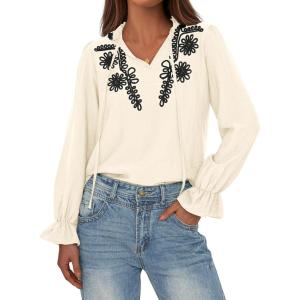 imageBTFBM Womens Tops Dressy Casual Fall 2025 Boho V Neck Ruffle Long Sleeve Shirts Floral Embroidered Work Business BlousesBeige