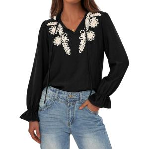imageBTFBM Womens Tops Dressy Casual Fall 2025 Boho V Neck Ruffle Long Sleeve Shirts Floral Embroidered Work Business BlousesBlack