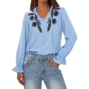 imageBTFBM Womens Tops Dressy Casual Fall 2025 Boho V Neck Ruffle Long Sleeve Shirts Floral Embroidered Work Business BlousesBlue