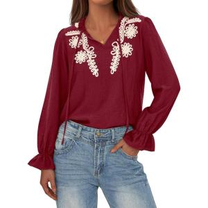 imageBTFBM Womens Tops Dressy Casual Fall 2025 Boho V Neck Ruffle Long Sleeve Shirts Floral Embroidered Work Business BlousesBurgundy