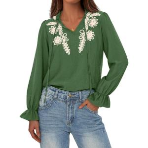 imageBTFBM Womens Tops Dressy Casual Fall 2025 Boho V Neck Ruffle Long Sleeve Shirts Floral Embroidered Work Business BlousesGreen