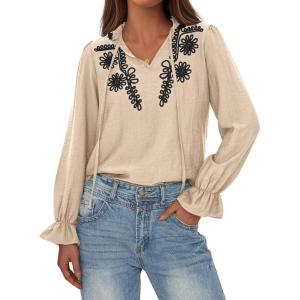 imageBTFBM Womens Tops Dressy Casual Fall 2025 Boho V Neck Ruffle Long Sleeve Shirts Floral Embroidered Work Business BlousesKhaki