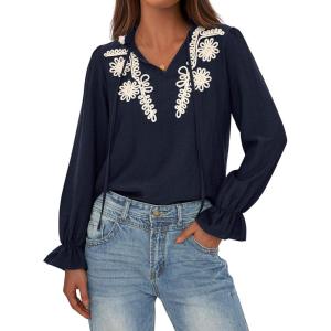imageBTFBM Womens Tops Dressy Casual Fall 2025 Boho V Neck Ruffle Long Sleeve Shirts Floral Embroidered Work Business BlousesNavy