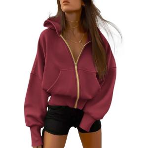 imageBTFBM Zip Up Hoodie Women Long Sleeve Fall Fashion Sweatshirt Fleece Y2K Hooded Jacket 2025 Trendy Winter ClothesWine Red
