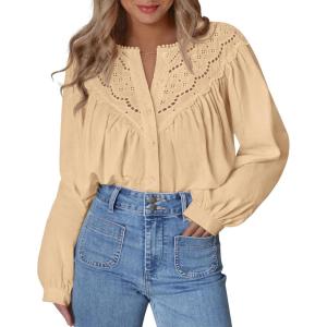 imageBTFBM Blouses for Women Dressy Casual Fall Clothes 2025 Long Sleeve Tops Lace Flowy Babydoll Button Down ShirtsApricot