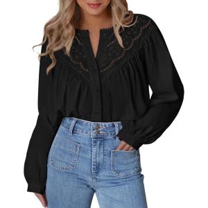 imageBTFBM Blouses for Women Dressy Casual Fall Clothes 2025 Long Sleeve Tops Lace Flowy Babydoll Button Down ShirtsBlack