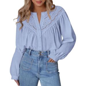 imageBTFBM Blouses for Women Dressy Casual Fall Clothes 2025 Long Sleeve Tops Lace Flowy Babydoll Button Down ShirtsLight Blue