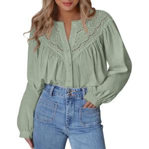 imageBTFBM Blouses for Women Dressy Casual Fall Clothes 2025 Long Sleeve Tops Lace Flowy Babydoll Button Down ShirtsLight Green