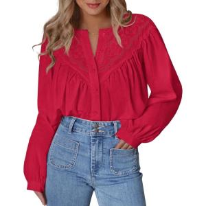 imageBTFBM Blouses for Women Dressy Casual Fall Clothes 2025 Long Sleeve Tops Lace Flowy Babydoll Button Down ShirtsRed