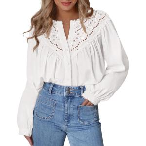 imageBTFBM Blouses for Women Dressy Casual Fall Clothes 2025 Long Sleeve Tops Lace Flowy Babydoll Button Down ShirtsWhite