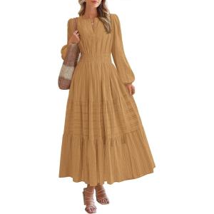 imageBTFBM Fall Dresses for Women 2025 Casual Long Sleeve V Neck Elastic Waist Lightweight Maxi Wedding Guest Dress PocketsKhaki