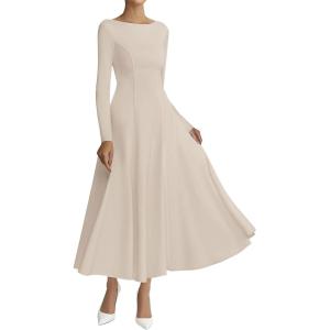 imageBTFBM Fall Dresses for Women 2025 Trendy Boat Neck Long Sleeve A Line Flowy Knit Loose Casual Elegant Party Maxi DressBeige