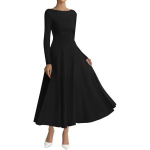 imageBTFBM Fall Dresses for Women 2025 Trendy Boat Neck Long Sleeve A Line Flowy Knit Loose Casual Elegant Party Maxi DressBlack