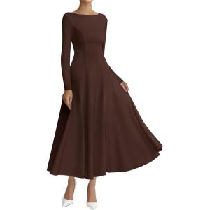 imageBTFBM Fall Dresses for Women 2025 Trendy Boat Neck Long Sleeve A Line Flowy Knit Loose Casual Elegant Party Maxi DressDark Brown