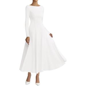imageBTFBM Fall Dresses for Women 2025 Trendy Boat Neck Long Sleeve A Line Flowy Knit Loose Casual Elegant Party Maxi DressWhite