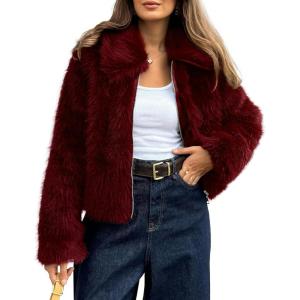 imageBTFBM Faux Fur Jacket Women Fluffy Winter Coats Zip Up Fuzzy Jackets Long Sleeve Furry Coat Shaggy 2025 Fall ClothesBurgundy