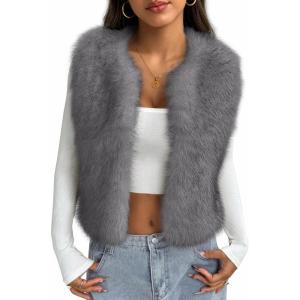 imageBTFBM Faux Fur Vest For Women 2025 Trendy Fall Sleeveless Cropped Fuzzy Jacket Fluffy Winter Coats Furry Vests OuterwearGrey