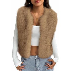 imageBTFBM Faux Fur Vest For Women 2025 Trendy Fall Sleeveless Cropped Fuzzy Jacket Fluffy Winter Coats Furry Vests OuterwearKhaki