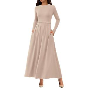 imageBTFBM Long Sleeve Dress for Women 2025 Winter Business Casual Clothes Pleated Fall Wedding Guest Dresses PocketsBeige