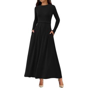 imageBTFBM Long Sleeve Dress for Women 2025 Winter Business Casual Clothes Pleated Fall Wedding Guest Dresses PocketsBlack