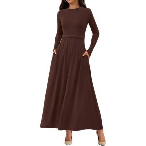 imageBTFBM Long Sleeve Dress for Women 2025 Winter Business Casual Clothes Pleated Fall Wedding Guest Dresses PocketsBrown