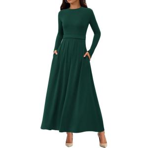 imageBTFBM Long Sleeve Dress for Women 2025 Winter Business Casual Clothes Pleated Fall Wedding Guest Dresses PocketsDark Green