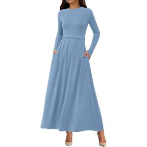 imageBTFBM Long Sleeve Dress for Women 2025 Winter Business Casual Clothes Pleated Fall Wedding Guest Dresses PocketsLight Blue