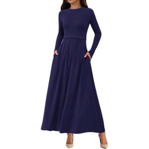 imageBTFBM Long Sleeve Dress for Women 2025 Winter Business Casual Clothes Pleated Fall Wedding Guest Dresses PocketsNavy Blue