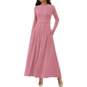 imageBTFBM Long Sleeve Dress for Women 2025 Winter Business Casual Clothes Pleated Fall Wedding Guest Dresses PocketsPink