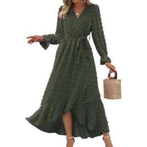 imageBTFBM Long Sleeve Maxi Dresses for Women V Neck Swiss Dot Boho Flowy Slit Cocktail Wedding Guest Dress Fall Clothes 2025Army Green
