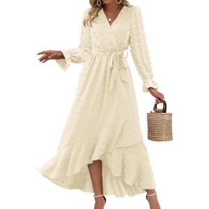 imageBTFBM Long Sleeve Maxi Dresses for Women V Neck Swiss Dot Boho Flowy Slit Cocktail Wedding Guest Dress Fall Clothes 2025Beige