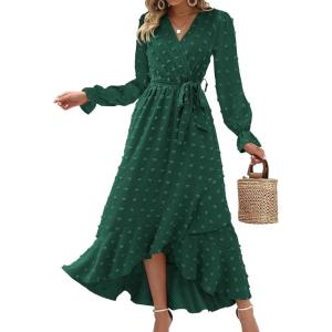 imageBTFBM Long Sleeve Maxi Dresses for Women V Neck Swiss Dot Boho Flowy Slit Cocktail Wedding Guest Dress Fall Clothes 2025Dark Green