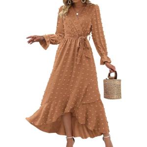 imageBTFBM Long Sleeve Maxi Dresses for Women V Neck Swiss Dot Boho Flowy Slit Cocktail Wedding Guest Dress Fall Clothes 2025Khaki