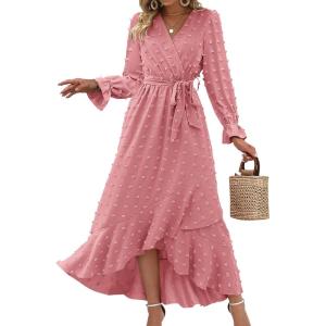 imageBTFBM Long Sleeve Maxi Dresses for Women V Neck Swiss Dot Boho Flowy Slit Cocktail Wedding Guest Dress Fall Clothes 2025Light Pink