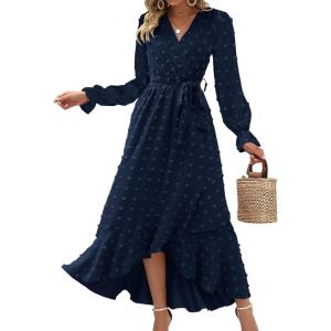 imageBTFBM Long Sleeve Maxi Dresses for Women V Neck Swiss Dot Boho Flowy Slit Cocktail Wedding Guest Dress Fall Clothes 2025Navy