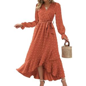 imageBTFBM Long Sleeve Maxi Dresses for Women V Neck Swiss Dot Boho Flowy Slit Cocktail Wedding Guest Dress Fall Clothes 2025Orange