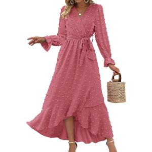 imageBTFBM Long Sleeve Maxi Dresses for Women V Neck Swiss Dot Boho Flowy Slit Cocktail Wedding Guest Dress Fall Clothes 2025Pink