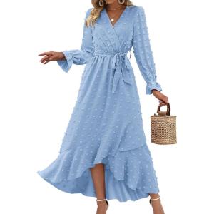 imageBTFBM Long Sleeve Maxi Dresses for Women V Neck Swiss Dot Boho Flowy Slit Cocktail Wedding Guest Dress Fall Clothes 2025Sky Blue