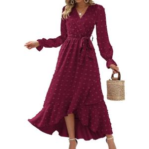 imageBTFBM Long Sleeve Maxi Dresses for Women V Neck Swiss Dot Boho Flowy Slit Cocktail Wedding Guest Dress Fall Clothes 2025Wine Red