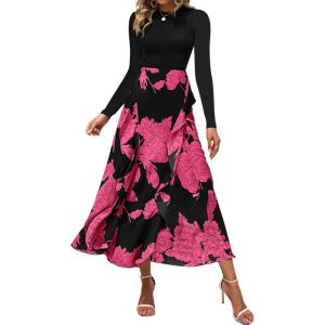 imageBTFBM Womens Floral Maxi Dress Fall Summer Casual Crewneck Long Sleeve Ruffle Flowy Cocktail Wedding Guest DressesBig Floral Rose Red
