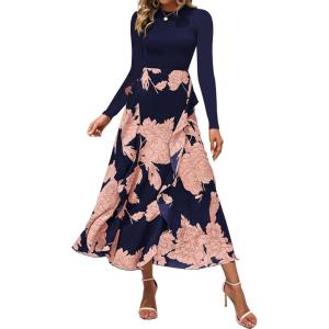 imageBTFBM Womens Floral Maxi Dress Fall Summer Casual Crewneck Long Sleeve Ruffle Flowy Cocktail Wedding Guest DressesPink Floral Navy