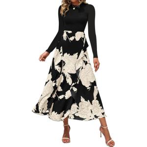 imageBTFBM Womens Floral Maxi Dress Fall Summer Casual Crewneck Long Sleeve Ruffle Flowy Cocktail Wedding Guest DressesWhite Floral Black