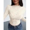 imageBTFBM Mesh Long Sleeve Tops for Women Lace Sexy Sheer See Through Crew Neck Tight Shirt Fall 2025 Party Club OutfitsBeige