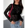 imageBTFBM Mesh Long Sleeve Tops for Women Lace Sexy Sheer See Through Crew Neck Tight Shirt Fall 2025 Party Club OutfitsBlack